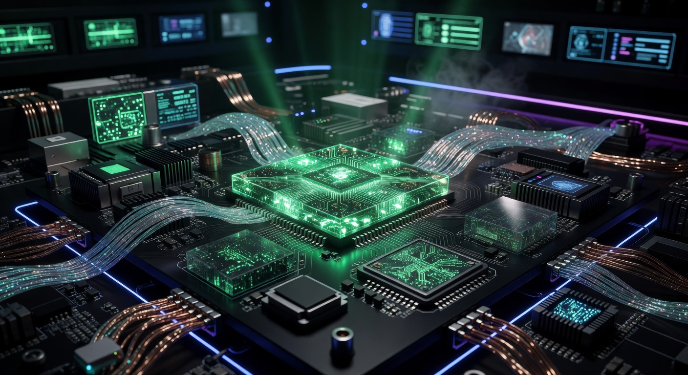 Glowing green microchip and futuristic technology